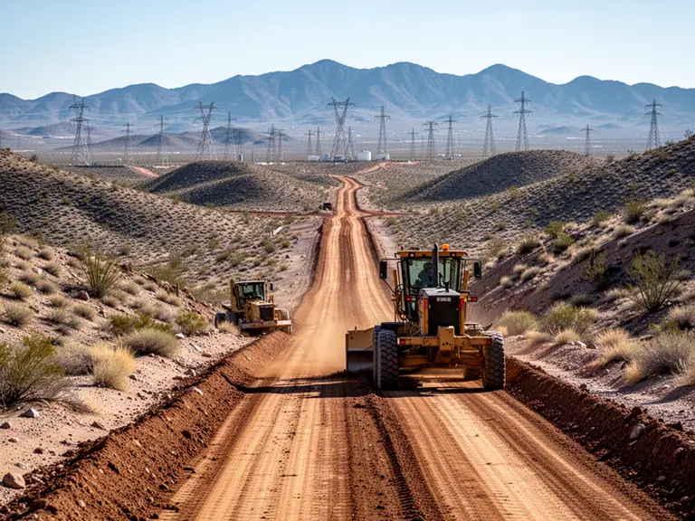 Heavy machinery grading an access road and structure pad for a remote utility site