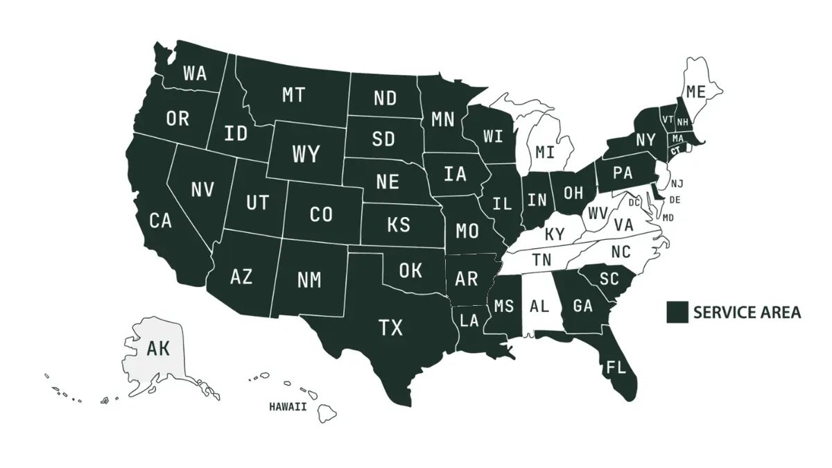 Map showing Alpine's broad U.S. service area, with a SERVICE AREA legend